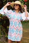 Zazu_Blue Cotton Satin Print Ikat Diamond Collar Nicosia Signature Shirt Dress _Online_at_Aza_Fashions