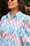 Buy_Zazu_Blue Cotton Satin Print Ikat Diamond Collar Nicosia Signature Shirt Dress _Online_at_Aza_Fashions