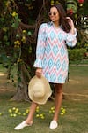 Shop_Zazu_Blue Cotton Satin Print Ikat Diamond Collar Nicosia Signature Shirt Dress _Online_at_Aza_Fashions