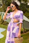 Shop_Zazu_Purple Cotton Satin Print Palermo Plunging V Neck Crop Top With Skirt _Online_at_Aza_Fashions