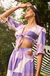 Zazu_Purple Cotton Satin Print Palermo Plunging V Neck Crop Top With Skirt _at_Aza_Fashions