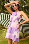 Buy_Zazu_Purple Cotton Seersucker Print Palermo Halter Neck Short Dress With Belt _Online_at_Aza_Fashions