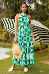 Buy_Zazu_Green Cotton Satin Print Prism Halter Neck Porto Maxi Dress _at_Aza_Fashions