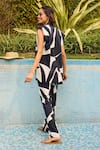 Shop_Zazu_Black Cotton Satin Print Dimension Open Neck Santorini Jacket And Pant Set _at_Aza_Fashions