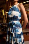 Buy_Zazu_Blue Cotton Satin Print Art Halter Neck Capri Maxi Dress With Belt _Online_at_Aza_Fashions