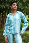 Zazu_Blue Cotton Satin Print Distinct Line Collar Neck Mallorca Shirt With Pant _Online_at_Aza_Fashions