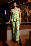 Buy_Zazu_Green Cotton Satin Print Helix Halter Neck Positano Top With Flared Pant _at_Aza_Fashions