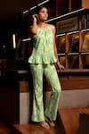 Zazu_Green Cotton Satin Print Helix Halter Neck Positano Top With Flared Pant _Online_at_Aza_Fashions