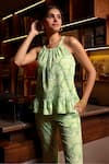 Shop_Zazu_Green Cotton Satin Print Helix Halter Neck Positano Top With Flared Pant _Online_at_Aza_Fashions