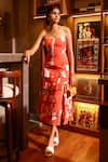 Zazu_Red Cotton Satin Print Swirl Square Neck Seville Ruffled Midi Dress _Online_at_Aza_Fashions