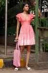 Zazu_Pink Cotton Satin Ombre V Neck Venice Ruffle Dress _Online_at_Aza_Fashions