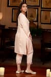 Shop_Zazu_Peach 100% Poly Satin Embroidery Sequin Round Panel Embellished Kurta With Pant _at_Aza_Fashions