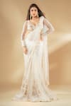 Buy_Archana Kochhar_Ivory Net Embroidered Pearl V-neck Lucknowi Pre-draped Saree With Blouse _at_Aza_Fashions