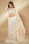 Shop_Archana Kochhar_Ivory Net Embroidered Pearl V-neck Lucknowi Pre-draped Saree With Blouse _Online_at_Aza_Fashions