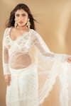 Archana Kochhar_Ivory Net Embroidered Pearl V-neck Lucknowi Pre-draped Saree With Blouse _at_Aza_Fashions