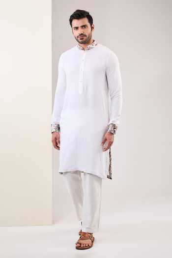 Rabani & Rakha_Off White Cotton, Silk Embroidery, Gota Floral Embellished Bundi Kurta Set _Online_at_Aza_Fashions