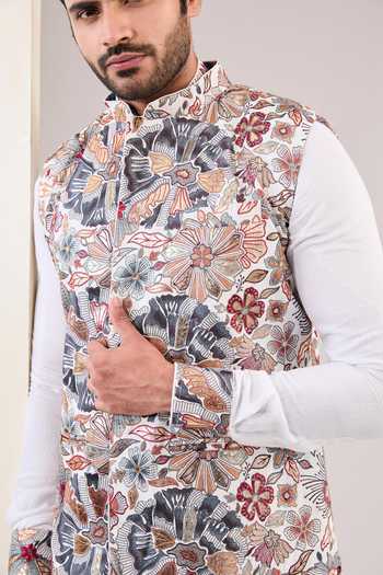 Shop_Rabani & Rakha_Off White Cotton, Silk Embroidery, Gota Floral Embellished Bundi Kurta Set _Online_at_Aza_Fashions