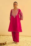 Buy_Sheetal Batra_Pink Kurta Silk Chanderi Embroidery Kashmiri Mohsina Kalidar Choga And Pant Set _at_Aza_Fashions