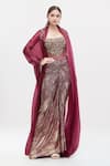 Buy_Tarun Tahiliani_Wine Cape Satin Organza Embellished Crystal Corset With Draped Skirt Set _at_Aza_Fashions