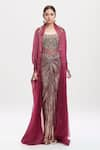 Tarun Tahiliani_Wine Cape Satin Organza Embellished Crystal Corset With Draped Skirt Set _Online_at_Aza_Fashions