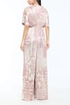 Shop_Tarun Tahiliani_Pink Foil Jersey Printed Geometric Overlapping V Neck Pattern Flared Jumpsuit _at_Aza_Fashions