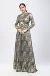 Buy_Tarun Tahiliani_Black Foil Jersey Round Metallic T-shirt And Flared Trouser Co-ord Set _at_Aza_Fashions