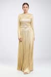 Buy_Tarun Tahiliani_Gold Foil Jersey Round Metallic T-shirt With Flared Trouser Co-ord Set _at_Aza_Fashions