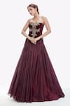 Buy_Tarun Tahiliani_Wine Velvet Embroidered Crystal Straight Corset And Skirt Set _at_Aza_Fashions