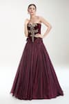 Tarun Tahiliani_Wine Velvet Embroidered Crystal Straight Corset And Skirt Set _Online_at_Aza_Fashions