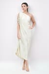 Buy_Tarun Tahiliani_Ivory Jersey Print Crystal Drops One Shoulder Draped Dress _at_Aza_Fashions