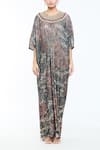 Tarun Tahiliani_Black Foil Jersey Print Sequin Round Draped Kaftan _Online_at_Aza_Fashions