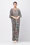 Buy_Tarun Tahiliani_Black Foil Jersey Print Sequin Round Draped Kaftan _at_Aza_Fashions