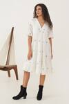 Shop_Indigo Dreams_White 100% Cotton Handwoven Jamdani V-neck Aria Dress _at_Aza_Fashions