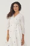 Indigo Dreams_White 100% Cotton Hand Woven Circular Jamdani V-neck Olive Wrap Dress _Online_at_Aza_Fashions