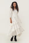 Shop_Indigo Dreams_White 100% Cotton Hand Woven Circular Jamdani V-neck Olive Wrap Dress _Online_at_Aza_Fashions