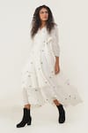 Indigo Dreams_White 100% Cotton Hand Woven Circular Jamdani V-neck Olive Wrap Dress _at_Aza_Fashions