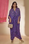 Buy_Sheeshakari_Purple Silk Hand Embroidered Mirror V-neck Bandhani Print Ruched Kaftan Dress _at_Aza_Fashions