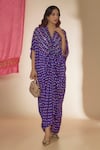 Sheeshakari_Purple Silk Hand Embroidered Mirror V-neck Bandhani Print Ruched Kaftan Dress _Online_at_Aza_Fashions