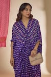 Buy_Sheeshakari_Purple Silk Hand Embroidered Mirror V-neck Bandhani Print Ruched Kaftan Dress _Online_at_Aza_Fashions