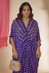 Shop_Sheeshakari_Purple Silk Hand Embroidered Mirror V-neck Bandhani Print Ruched Kaftan Dress _Online_at_Aza_Fashions