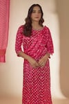 Shop_Sheeshakari_Pink Silk Hand Embroidered Mirror Round Bandhani Print Draped Saree Dress _Online_at_Aza_Fashions