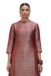 Shop_Mimamsaa_Red Brocade Silk Round Sannvi Handwoven Kurta And Flared Pant Set _at_Aza_Fashions