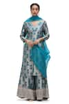 Mimamsaa_Blue Brocade Silk V Neck Vira A-line Floral Motif Kurta And Pant Set _Online_at_Aza_Fashions