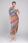 Buy_Saaksha & Kinni_Multi Color Printed Abstract Florals One Shoulder Draped Dress _at_Aza_Fashions