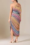 Shop_Saaksha & Kinni_Multi Color Printed Abstract Florals One Shoulder Draped Dress _at_Aza_Fashions