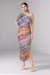 Saaksha & Kinni_Multi Color Printed Abstract Florals One Shoulder Draped Dress _Online_at_Aza_Fashions