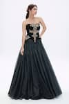 Tarun Tahiliani_Black Velvet Embroidered Crystal Straight Corset And Flared Skirt Set _Online_at_Aza_Fashions