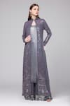 Buy_Nakul Sen_Grey 100% Silk Chiffon Embroidered Sequins Jacket Mandarin Farshi Palazzo Set _at_Aza_Fashions