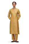 Buy_Mimamsaa_Yellow Brocade Silk Embroidered Patti V Neck Lakika Work Kurta And Pant Set _at_Aza_Fashions