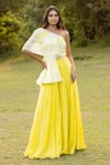 Buy_ISLIE BY PRIYA JAIN_Yellow Summer Silk Embroidered Thread One Shoulder Draped Top With Palazzo Pant _at_Aza_Fashions